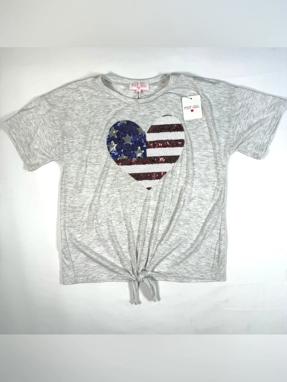 NWT POOF GIRL Patriotic Sequin Heart Tie Front Top XL Americana USA 4th July NEW